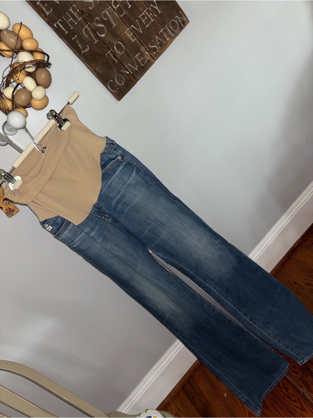 AG  28R maternity Adriano Goldschmied Blue Denim Bootcut Jeans with Beige Panel